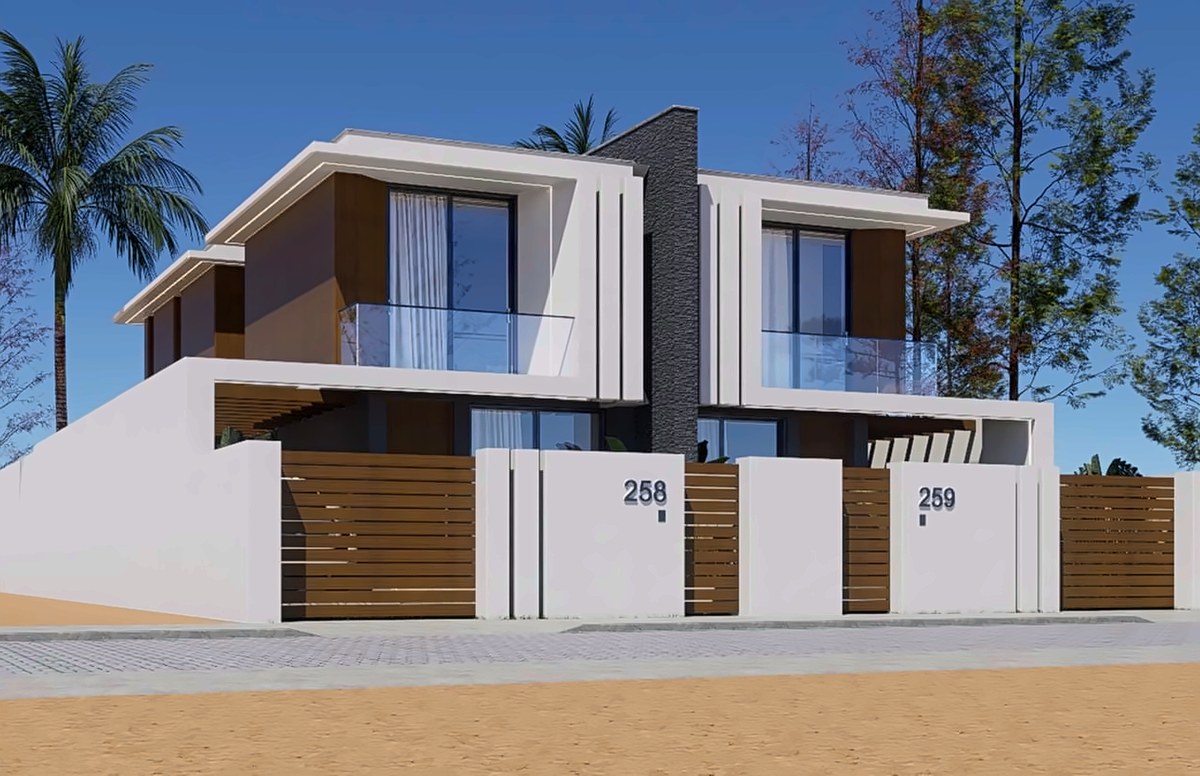 Projecto 3D da fachada da geminada, com painéis de madeira, vidro e pedra escura